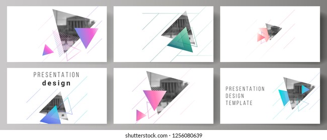 The minimalistic abstract vector illustration of the editable layout of the presentation slides design business templates. Colorful polygonal background with triangles with modern memphis pattern