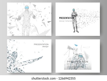 The minimalistic abstract vector illustration of the editable layout of the presentation slides design business templates. Man with glasses of virtual reality. Abstract vr, future technology concept.