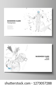 The minimalistic abstract vector illustration of the editable layout of two creative business cards design templates. Man with glasses of virtual reality. Abstract vr, future technology concept.