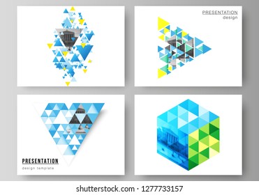 The minimalistic abstract vector illustration of the editable layout of the presentation slides design business templates. Blue color polygonal background with triangles, colorful mosaic pattern.