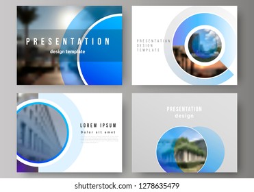 The minimalistic abstract vector illustration of the editable layout of the presentation slides design business templates. Creative modern blue background with circles and round shapes.