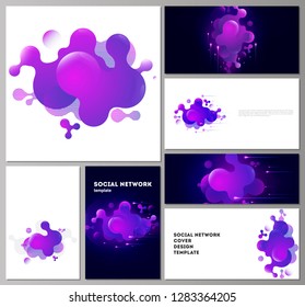 The minimalistic abstract vector illustration of the editable layouts of modern social network mockups in popular formats. Black background with fluid gradient, liquid blue colored geometric element.