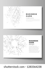 The minimalistic abstract vector illustration of the editable layout of two creative business cards design templates. Technology, science, future concept abstract futuristic backgrounds.