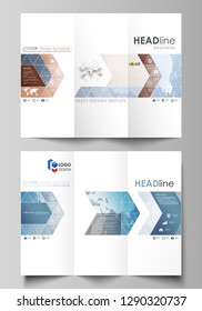 The minimalistic abstract vector illustration of the editable layout of two creative tri-fold brochure covers design business templates. Scientific medical DNA research. Science or medical concept.