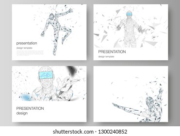 The minimalistic abstract vector illustration of the editable layout of the presentation slides design business templates. Man with glasses of virtual reality. Abstract vr, future technology concept.