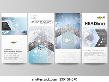 The minimalistic abstract vector illustration of the editable layout of four modern vertical banners, flyers design business templates. Technology concept. Molecule structure, connecting background.