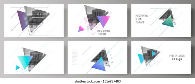 The minimalistic abstract vector illustration of the editable layout of the presentation slides design business templates. Colorful polygonal background with triangles with modern memphis pattern.