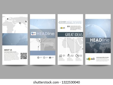 The minimalistic abstract vector illustration of the editable layout of four modern vertical banners, flyers design business templates. World globe on blue. Global network connections, lines and dots