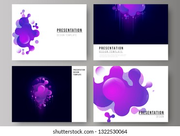 The minimalistic abstract vector illustration of the editable layout of the presentation slides design business templates. Black background with fluid gradient, liquid blue colored geometric element