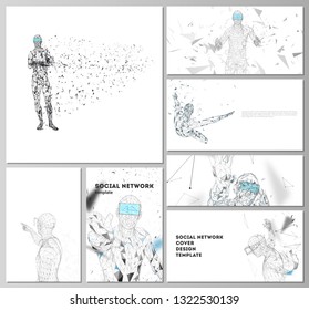 The minimalistic abstract vector illustration of the editable layouts of modern social network mockups in popular formats. Man with glasses of virtual reality. Abstract vr, future technology concept