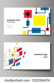The minimalistic abstract vector illustration of editable layout of two creative business cards design templates. Abstract polygonal background, colorful mosaic pattern, retro bauhaus de stijl design