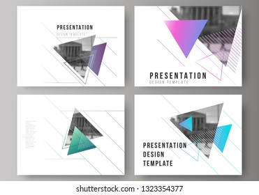 The minimalistic abstract vector illustration of the editable layout of the presentation slides design business templates. Colorful polygonal background with triangles with modern memphis pattern