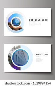 The minimalistic abstract vector illustration of the editable layout of two creative business cards design templates. Creative modern blue background with circles and round shapes.