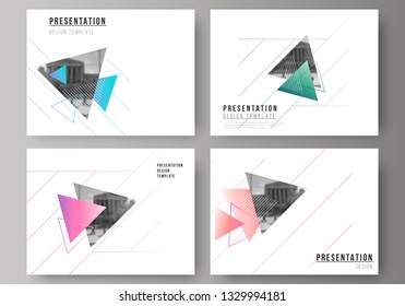 The minimalistic abstract vector illustration of the editable layout of the presentation slides design business templates. Colorful polygonal background with triangles with modern memphis pattern.