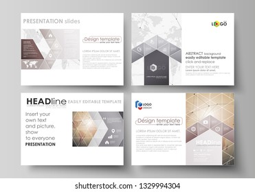 The minimalistic abstract vector illustration of the editable layout of the presentation slides design business templates. Global network connections, technology background with world map.