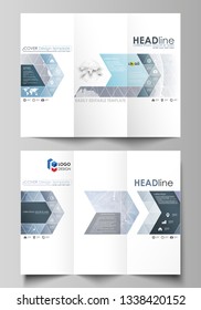 The minimalistic abstract vector illustration of the editable layout of two creative tri-fold brochure covers design business templates. Abstract futuristic network shapes. High tech background.