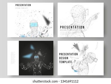 The minimalistic abstract vector illustration of the editable layout of the presentation slides design business templates. Man with glasses of virtual reality. Abstract vr, future technology concept.