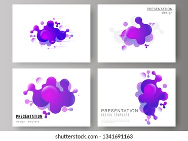 The minimalistic abstract vector illustration of the editable layout of the presentation slides design business templates. Background with fluid gradient, liquid blue colored geometric element.
