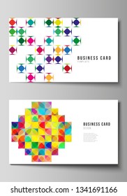 The minimalistic abstract vector illustration of editable layout of two creative business cards design templates. Abstract background, geometric mosaic pattern with bright circles, geometric shapes.