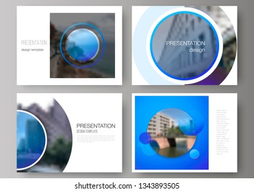 The minimalistic abstract vector illustration of the editable layout of the presentation slides design business templates. Creative modern blue background with circles and round shapes.
