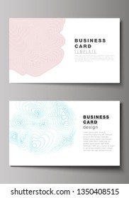 The minimalistic abstract vector illustration of the editable layout of two creative business cards design templates. Topographic contour map, abstract monochrome background.