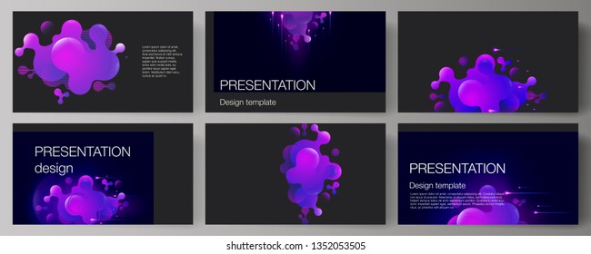The minimalistic abstract vector illustration of the editable layout of the presentation slides design business templates. Black background with fluid gradient, liquid blue colored geometric element.
