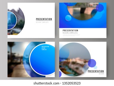 The minimalistic abstract vector illustration of the editable layout of the presentation slides design business templates. Creative modern blue background with circles and round shapes.