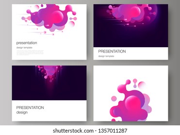 The minimalistic abstract vector illustration of the editable layout of the presentation slides design business templates. Black background with fluid gradient, liquid pink colored geometric element.