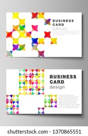 The minimalistic abstract vector illustration of editable layout of two creative business cards design templates. Abstract background, geometric mosaic pattern with bright circles, geometric shapes.