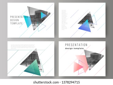 The minimalistic abstract vector illustration of the editable layout of the presentation slides design business templates. Colorful polygonal background with triangles with modern memphis pattern.