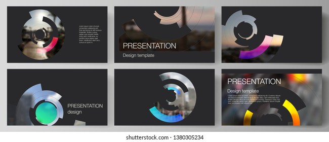 Minimalistic abstract vector illustration of editable layout of the presentation slides design business templates. Futuristic design circular pattern, circle elements forming geometric frame for photo