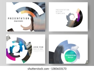 Minimalistic abstract vector illustration of editable layout of the presentation slides design business templates. Futuristic design circular pattern, circle elements forming geometric frame for photo