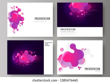 The minimalistic abstract vector illustration of the editable layout of the presentation slides design business templates. Black background with fluid gradient, liquid pink colored geometric element