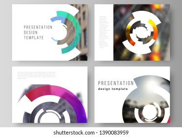 Minimalistic abstract vector illustration of editable layout of the presentation slides design business templates. Futuristic design circular pattern, circle elements forming geometric frame for photo
