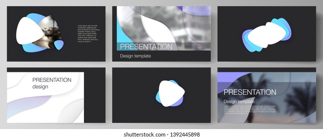 The minimalistic abstract vector illustration of the editable layout of the presentation slides design business templates. Blue color gradient abstract dynamic shapes, colorful geometric template