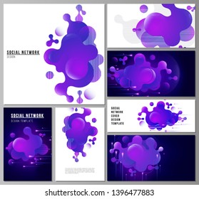The minimalistic abstract vector illustration of the editable layouts of modern social network mockups in popular formats. Black background with fluid gradient, liquid blue colored geometric element.