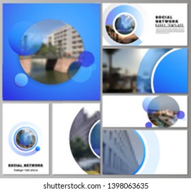 The minimalistic abstract vector illustration of the editable layouts of modern social network mockups in popular formats. Creative modern blue background with circles and round shapes