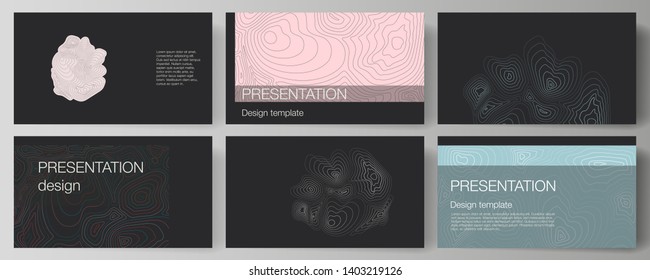 The minimalistic abstract vector illustration of the editable layout of the presentation slides design business templates. Topographic contour map, abstract monochrome background.