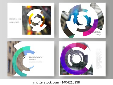Minimalistic abstract vector illustration of editable layout of the presentation slides design business templates. Futuristic design circular pattern, circle elements forming geometric frame for photo