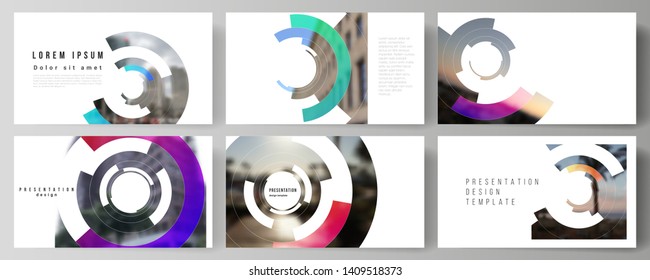 Minimalistic abstract vector illustration of editable layout of the presentation slides design business templates. Futuristic design circular pattern, circle elements forming geometric frame for photo