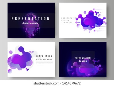 The minimalistic abstract vector illustration of the editable layout of the presentation slides design business templates. Black background with fluid gradient, liquid blue colored geometric element.