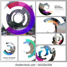 Minimalistic abstract vector illustration of editable layouts of modern social network mockups in popular formats. Futuristic design circular pattern, circle elements forming geometric frame for photo