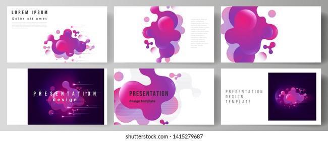 The minimalistic abstract vector illustration of the editable layout of the presentation slides design business templates. Black background with fluid gradient, liquid pink colored geometric element.