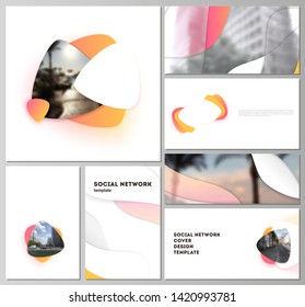 Minimalistic abstract vector illustration of the editable layouts of modern social network mockups in popular formats. Yellow color gradient abstract dynamic shapes, colorful geometric template design