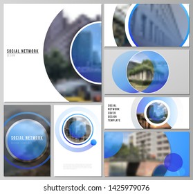 The minimalistic abstract vector illustration of the editable layouts of modern social network mockups in popular formats. Creative modern blue background with circles and round shapes.