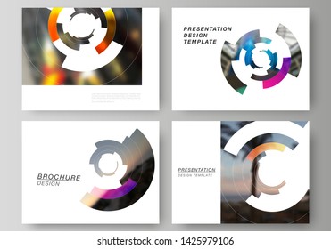 Minimalistic abstract vector illustration of editable layout of the presentation slides design business templates. Futuristic design circular pattern, circle elements forming geometric frame for photo