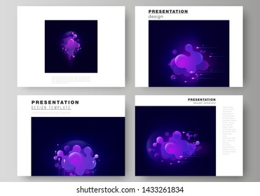 The minimalistic abstract vector illustration of the editable layout of the presentation slides design business templates. Black background with fluid gradient, liquid blue colored geometric element.
