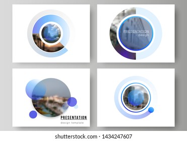 The minimalistic abstract vector illustration of the editable layout of the presentation slides design business templates. Creative modern blue background with circles and round shapes.