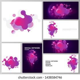 The minimalistic abstract vector illustration of the editable layouts of modern social network mockups in popular formats. Black background with fluid gradient, liquid pink colored geometric element.