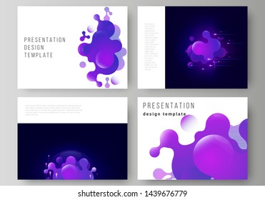 The minimalistic abstract vector illustration of the editable layout of the presentation slides design business templates. Black background with fluid gradient, liquid blue colored geometric element.